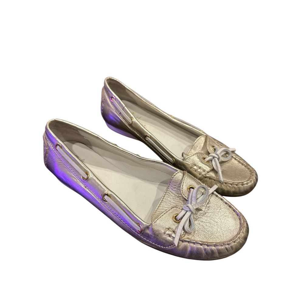 Cole Haan Tali Metallic Gold Boat Shoe Bow Leather Flats Women's Size 10 B - Picture 2 of 11